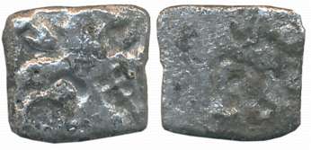 Punch Marked, Attributed to Pandya Janapada, Silver, 1.05g, Obv: Four symbols, Rev: Stylis