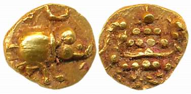 Chalukyas of Badami, Anonymous, Gold Fanam- 1/10th of Varaha Fraction, 0.37g, Obv: Caparis