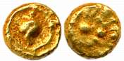 Chalukyas of Badami, Anonymous, Gold Fanam, 0.54g, Obv: Eight petal lotus, Rev: Conch with
