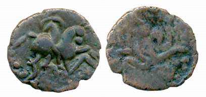 Imperial Cholas, Rajaraja I, Copper, 0.74g, Obv: Horseman marching right, Rev: Seated figu