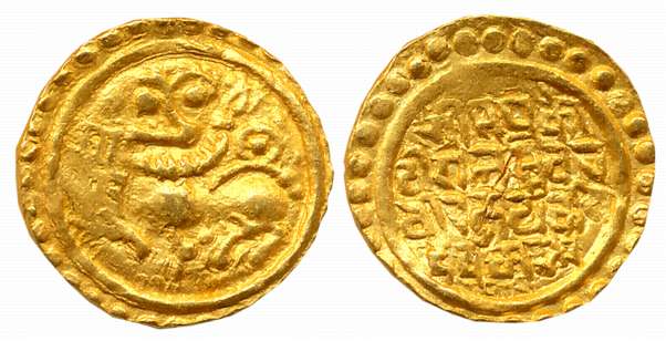Kadambas of Goa, Jayakeshi Deva, Gold Gadyana, 4.38g, Obv: Lion standing with raised forep