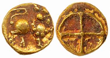 Kadambas of Hangal, Gold Fanam, 0.38g. Obv: Maned Lion with upraised fore paw, standing fa