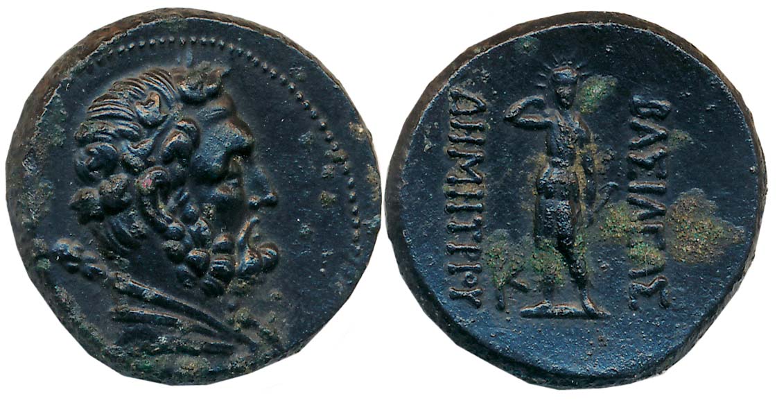 Baktrian Greeks, Demetrios I, Bronze, 8.32g, Obv: Laureate & bearded bust of Herakles to r