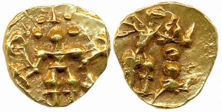 Kadambas of Nagarkhanda, Gold Fanam, 0.38g, Obv: Garuda standing facing right to a lamp wi