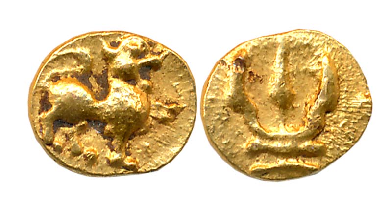 Later Kadambas of Karnataka, Anonymous, Gold Fanam, 0.45g, Fraction of “Malege Bhairava” G