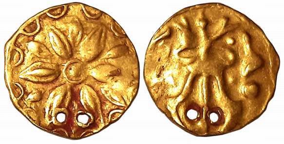 Chalukyas of Kalyani, Anonymous, Gold Gadyana, 4.39g, Obv: Bloomed Lotus, Rev: Trident. Pi