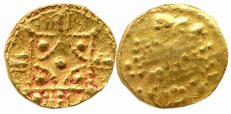 Chalukyas of Kalyani, Anonymous, Gold Gadyana, 4.38g, Obv: Square shape Lotus with dots in