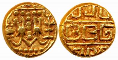 Alupas of Udupi, Gold Varaha, 3.59g, Obv: Two stylised Fishes, accosted by conch (left) & 