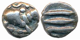 Nolambas of Nolambavadi, Uninscribed, Silver Tara, 0.20g, Obv: Nandi recumbent to right, S