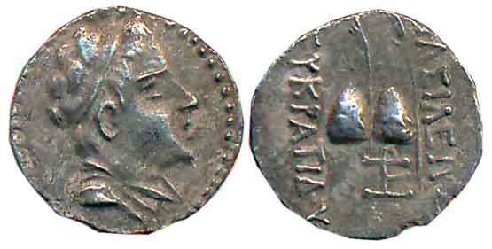 Bactrian Greek, Eukratides I, Silver Obol, 0.64g, Obv: Diademed bust of Eukratides I to ri