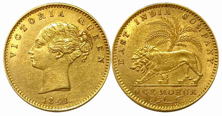 Victoria Queen, Gold Mohur, 11.66g, 1841, Continuous legend, “No initial”, Obv: Bust facin