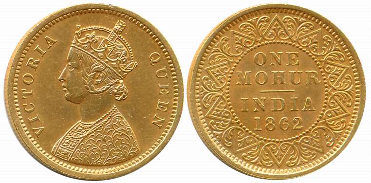 Victoria Queen, Gold Mohur, 1.66g, 1862, Calcutta Mint, Obv: Crowned & robed bust to left,