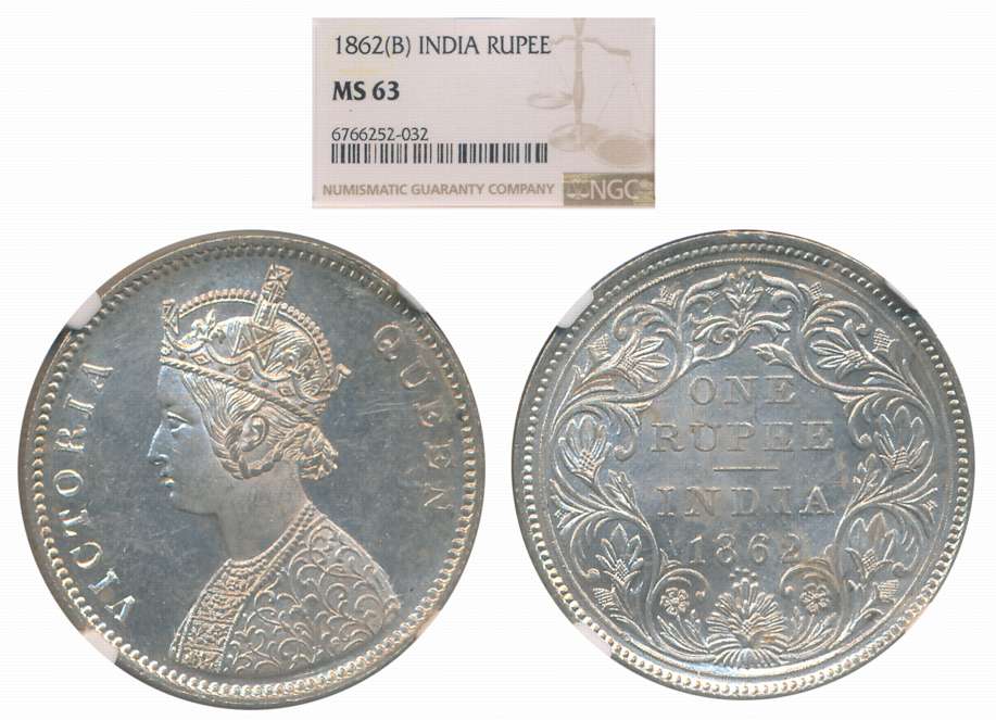 Victoria Queen, Silver Rupee, 1862, Bombay Mint. Slab & Graded by NGS as MS 63.