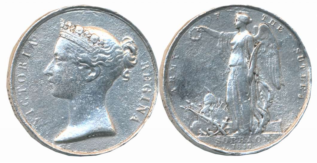 Sutlej Medal, Silver, Sobraon 1846, Without clasp, Awarded to Gunner…., Obv: Victoria faci