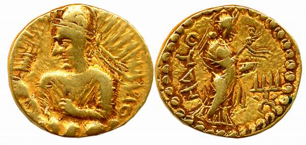 Kushans, Huvishka, Gold Dinar, 7.84g, “Nana” type, Obv: Crown king facing left, Bactrian l
