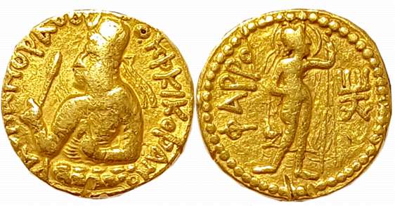 Kushans, Huvishka, Gold Dinar, 7.72g, Obv: Draped bust of the king to left, wearing helmet