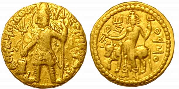 Kushanas, Vasudeva I, Gold Dinar, 7.77g, Obv: King Nimbate standing left, holding a triden