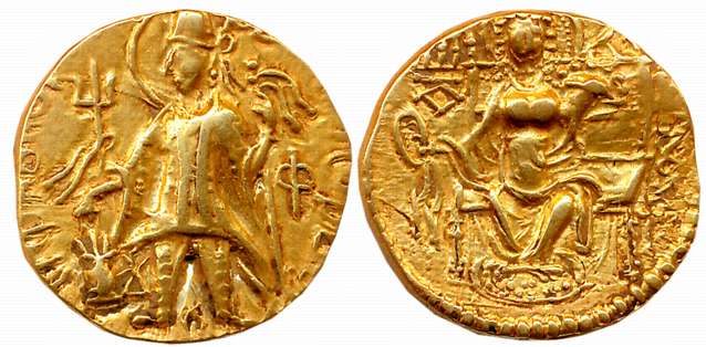 Kushans, Vasishka, Gold Dinar, 7.84g, “Ardoksho” type, Obv: Nimbate king wearing conical h