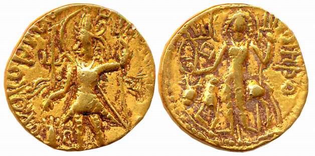 Kushans, Vasishka, Gold Dinar, 7.79g, Obv: Nimbate king wearing conical helmet and armour,