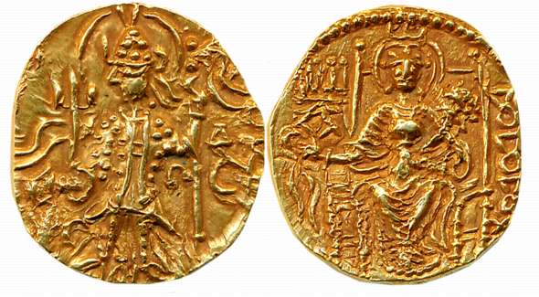 Kushan, Vasudeva II, Gold Dinar, 7.43g, Obv: King standing facing left, sacrificing over a