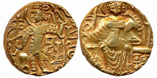 Later Kushan, Kipunadha, Gold Dinar, 7.66g, Obv: King standing facing left with halo, offe