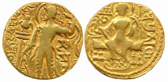 Guptas, Samudra Gupta, Gold Dinar, 7.54g, “Archer” type, Obv: King Nimbate standing facing