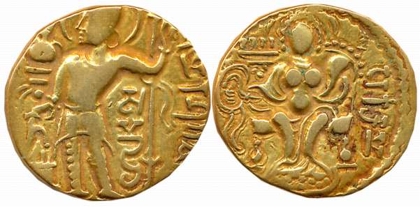 Guptas, Samudra Gupta, Gold Dinar, 7.44g, “Javelin- Parakramah” type, Obv: King Nimbate st
