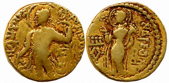 Guptas, Kacha Gupta, Gold Dinar, 7.44g, “Chakra- Standard” type, Obv: Nimbate king standin