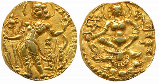 Guptas, Chandra Gupta II, Gold Dinar, 7.82g, “Archer” type, Obv: Nimbate king wearing Kush