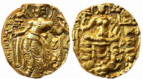 Guptas, Chandra Gupta II, Gold Dinar, 8.17g, “Archer” type, Obv: Nimbate king wearing Kush