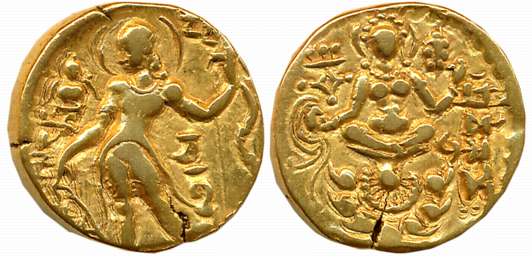Guptas, Chandra Gupta II, Gold Dinar, 7.66g, “Archer” type, Obv: Nimbate king wearing Kush