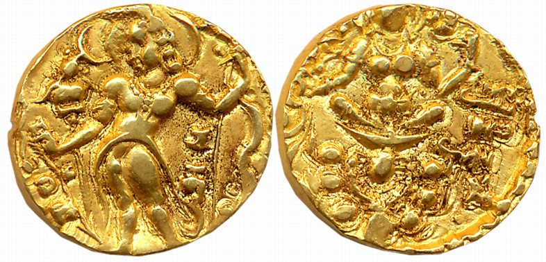 Guptas, Chandra Gupta II, Gold Dinar, 7.88g, “Archer” type, Obv: Nimbate king wearing Kush