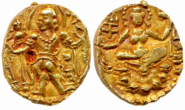 Guptas, Chandra Gupta II, Gold Dinar, 7.80g, “Archer” type, Obv: Nimbate king wearing Kush