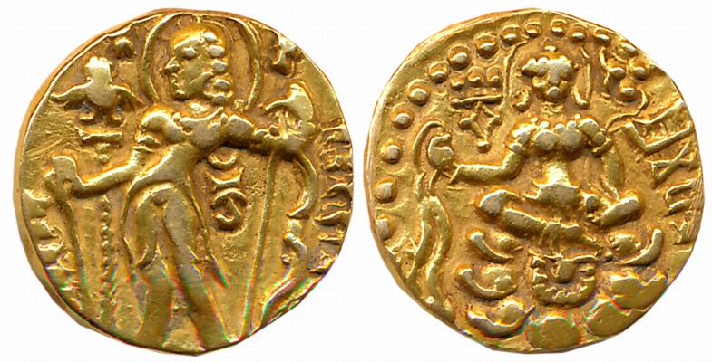 Guptas, Kumar Gupta I, Gold Dinar, 7.38g, “Archer” type, Obv: Nimbate king standing, weari
