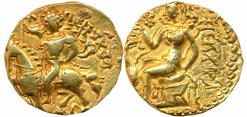 Guptas, Kumar Gupta I, Gold Dinar, 7.99g, “Horseman” type, Obv: King riding caparisoned ho