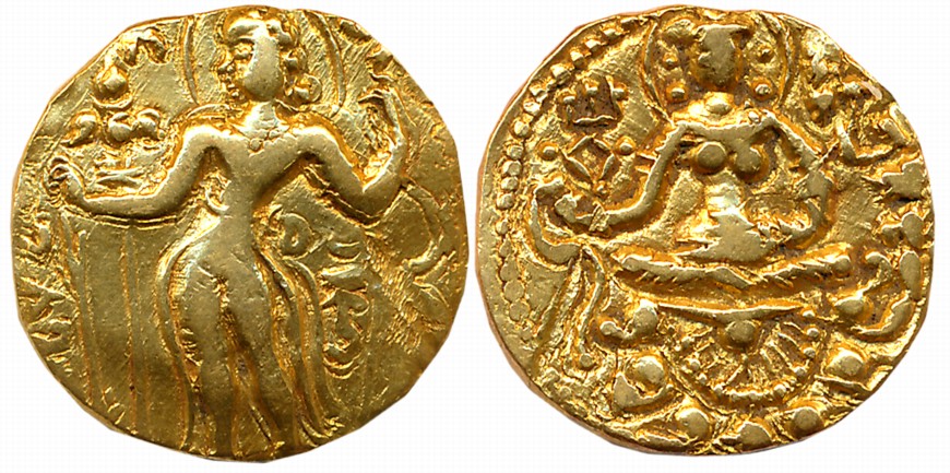 Guptas, Kumar Gupta II, Gold Dinar, 9.07g, “Archer” type, Obv: Nimbate king standing facin