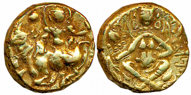 Post Gupta, Gauda, Shashanka Deva, Debased Gold Dinar, 9.14g, Obv: Lord Shiva seated on Na
