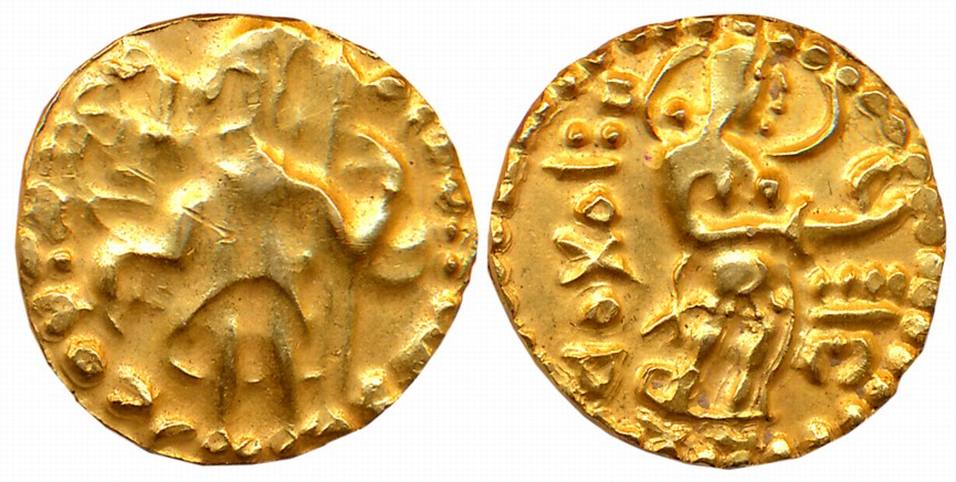 Post Gupta Bengal, Samatata region, Debased Gold Dinar, 6.50g, Imitating Kushan Coins, Obv