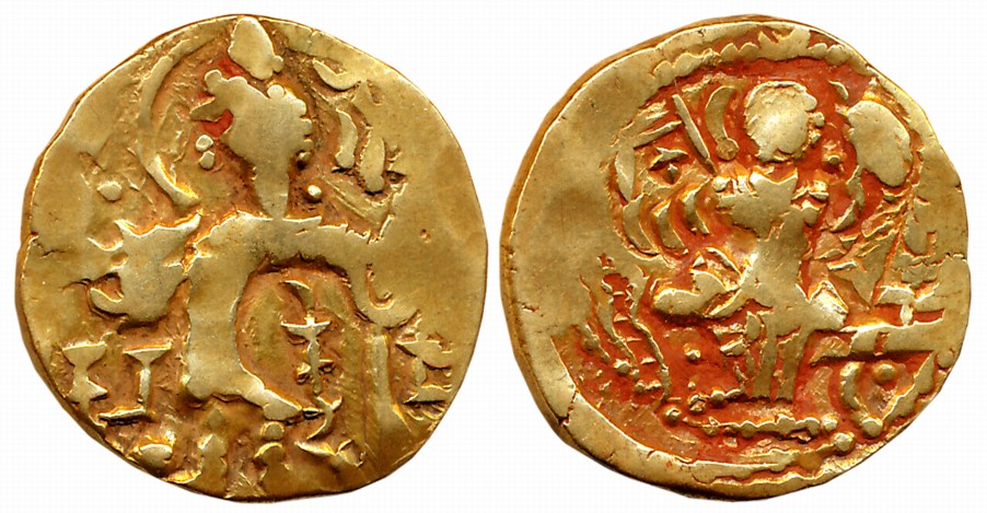 Kidarites, Base Gold Dinar, 7.95g, Obv: King standing right with trident and banner, fire 