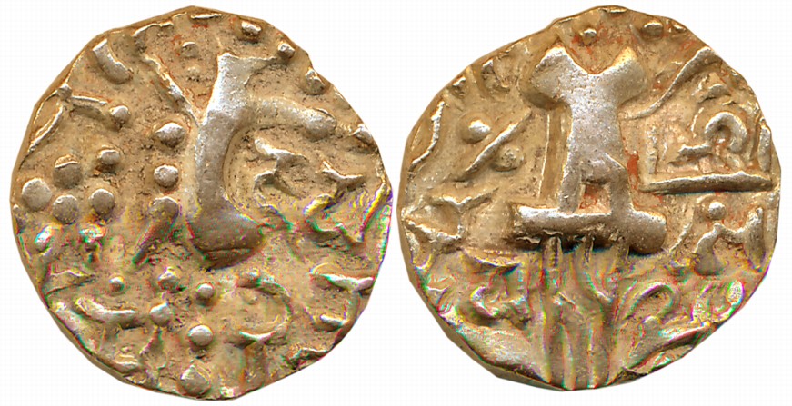 Post Kidarites, Durlabha Vardhan, Debased Gold Dinar, 7.67g, Obv: Kushan style king standi