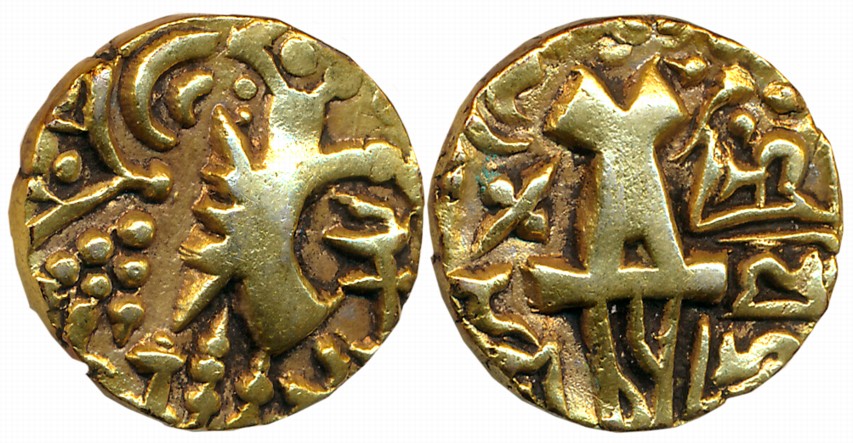 Post Kidarites, Vigrahatunga, Debased Gold Dinar, 7.45g, “Square Tail” type, Obv: Crude Ku