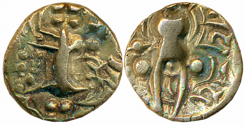 Kidarites, Pratapaditya II, Debased Gold Dinar, 7.38g, Obv: Crude Kushan style king standi