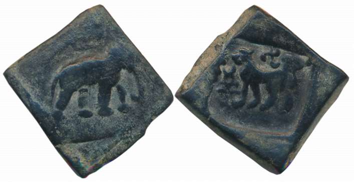 Taxila, Copper Drachma, 6.08g, Pushkalawati region, Obv: Lion to left facing hill, Swastik