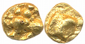 Kadambas of Goa, Gold 1/4 Fanam, 0.08g, Obv: Lion facing left, Rev: Gobulate. Extremely fi