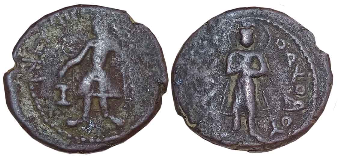 Kushan, Kanishka, Copper, 8.14g, “Sakyamuni Buddha” type, Obv: Bearded King offering at al