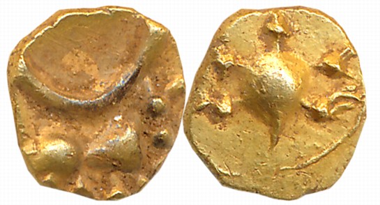 Hoysalas of Dwarasamudra, Gold Fanam, 0.38g, Obv: Lion represented by Dots, Crescent like 