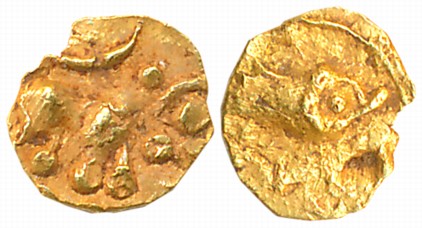 Hoysalas of Dwarasamudra, Vinayaditya, Gold 1/4 Fanam, 0.09g, Obv: Lion walking to right, 