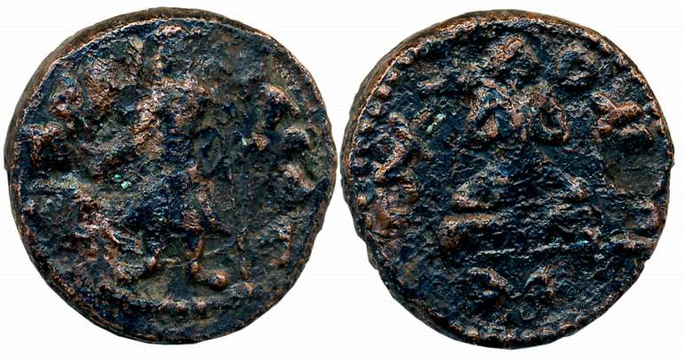 Kushan, Kanishka, Copper, 15.69g, “Maitreya Buddha” type, Obv: Bearded King offering at al