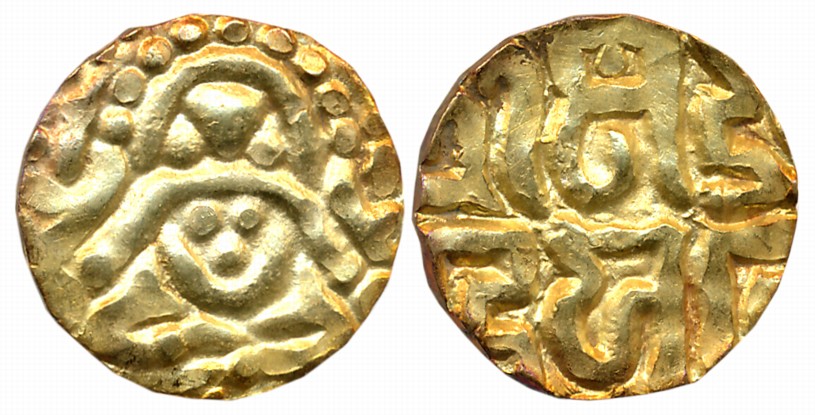 Kalachuris of Tripuri, Gangeya Deva, Debased Gold 4 1/2 Masha, 3.83g, Obv: Seated Goddess 