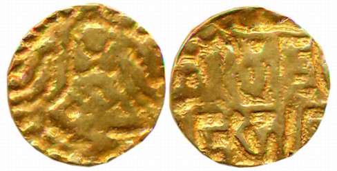 Kalachuris of Tripuri, Gangeya Deva, Gold 1 1/8 Masha, 1.00g, Obv: Seated Goddess Lakshmi,